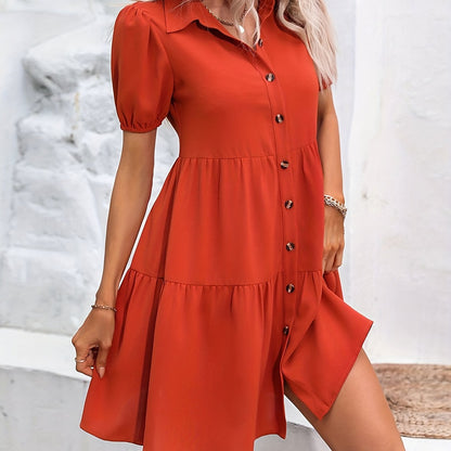 Antmvs Button Front Ruched Dress, Casual Short Sleeve Mini Dress With A Collar, Women's Clothing