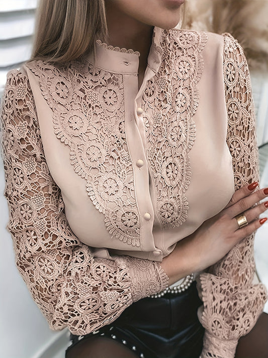 Antmvs  Women's Blouse Lace Crochet Lapel Button Flare Sleeve Elegant Top Blouse