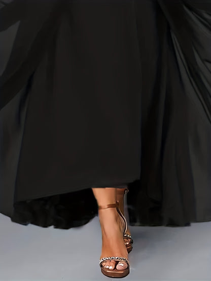 Antmvs Plus Size Casual Dress, Women's Plus Solid Contrast Lace Long Sleeve Round Neck Maxi Dress