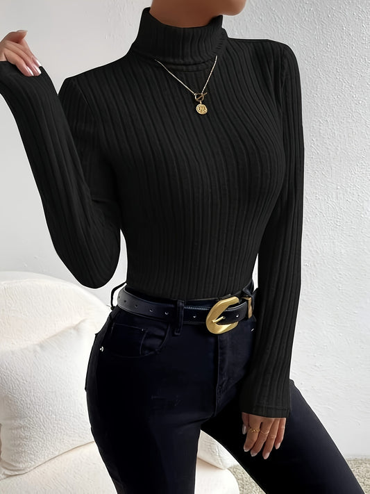 Antmvs Ribbed Solid Turtleneck T-Shirt, Casual Long Sleeve Top For Spring & Fall, Women's Clothing