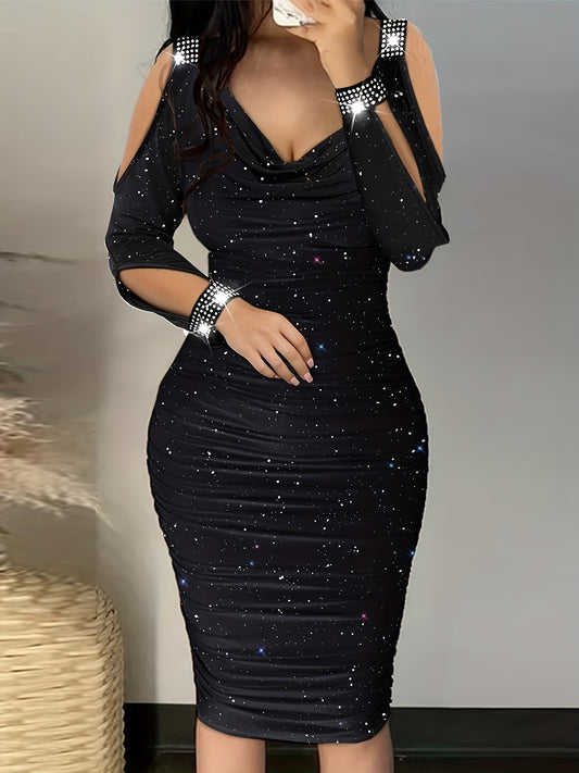 Antmvs Cold Shoulder Ruched Body-Con Dress, Solid Sexy Dress For Spring & Fall, Women's Clothing