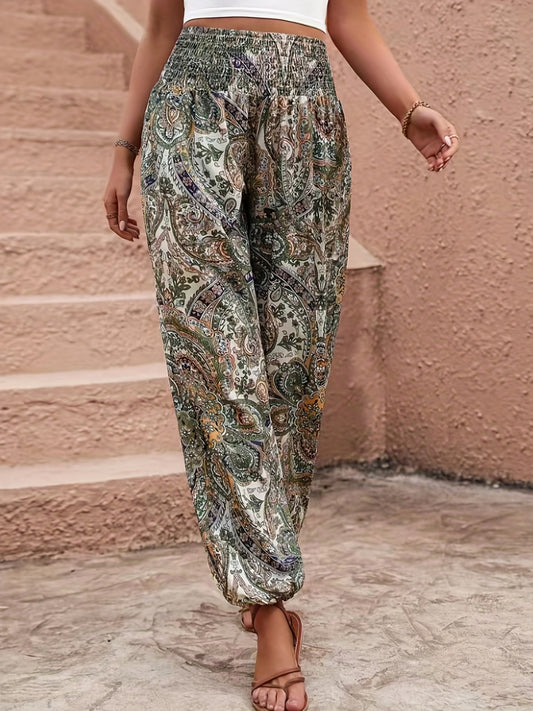 Antmvs Paisley Print Shirred Pants, Boho Long Length High Waist Pants For All Season, Women's Clothing