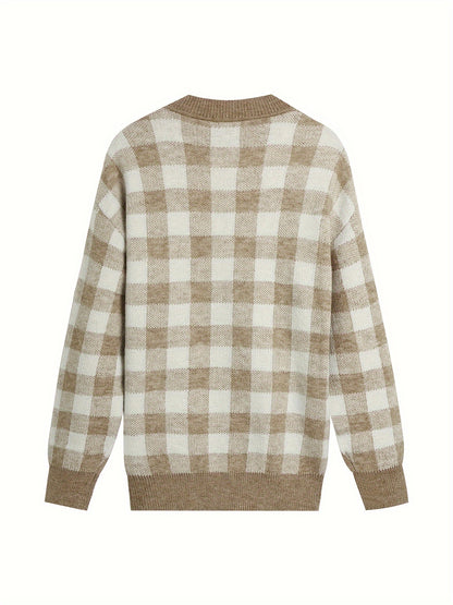 Antmvs Plaid Crew Neck Pullover Sweater, Casual Long Sleeve Sweater For Fall & Winter, Women's Clothing