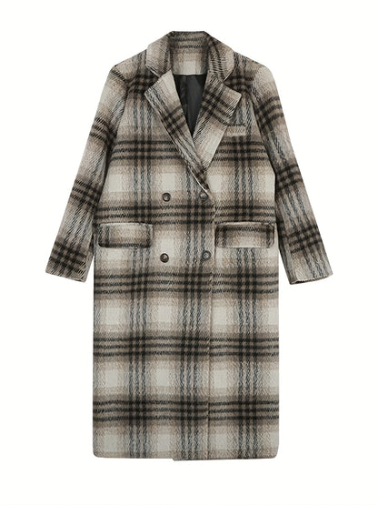 Antmvs Plaid Print Double-breasted Coat, Casual Long Sleeve Notched Collar Coat For Fall & Winter, Women's Clothing