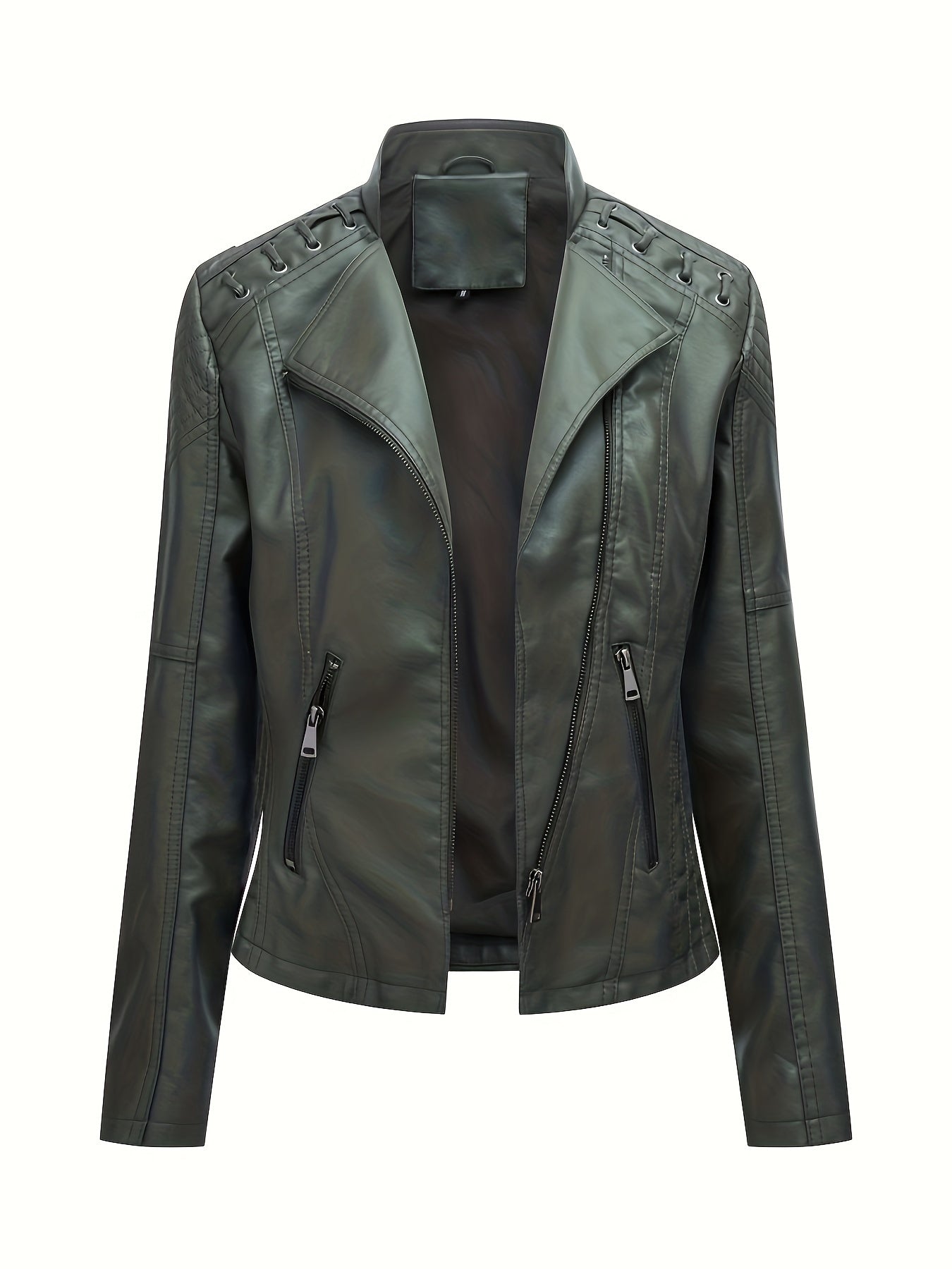 Antmvs Zipper Faux Leather Jacket, Casual Solid Long Sleeve Outerwear, Women's Clothing