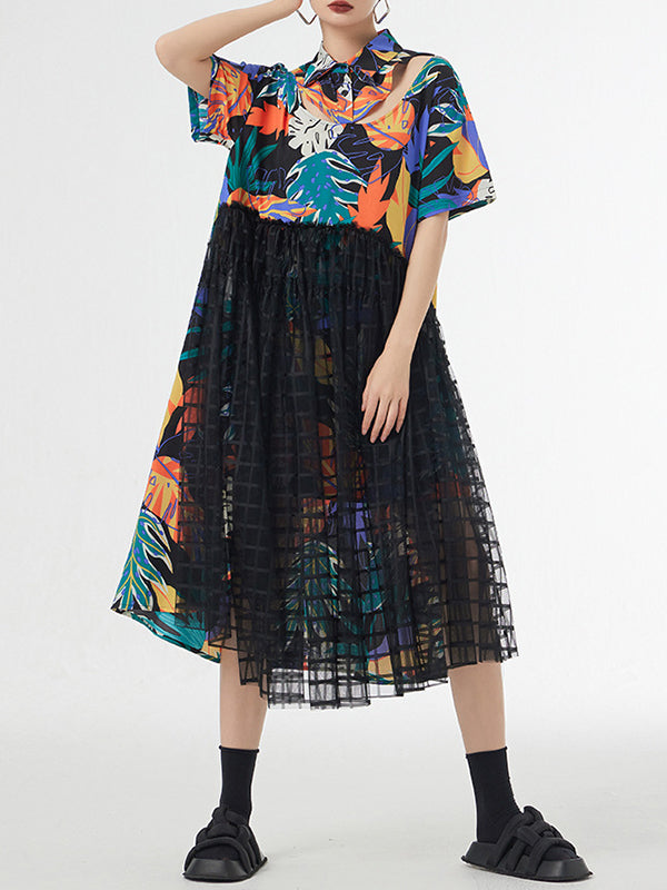 Antmvs Split-Joint Printed Mesh Hollow Buttoned Short Sleeves Loose Lapel Midi Dresses