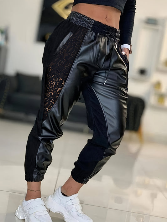 Antmvs Lace Solid Pants, Casual Every Day Pants For Spring & Fall, Women's Clothing