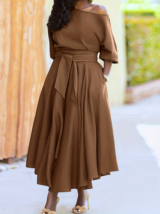 Antmvs Plus Size Casual Dress, Women's Plus Solid Bubble Sleeve One Shoulder Maxi A-line Dress With Belt