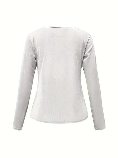 Antmvs Solid Ribbed Button Front T-Shirt, Casual Slim Long Sleeve Top For Spring & Fall, Women's Clothing