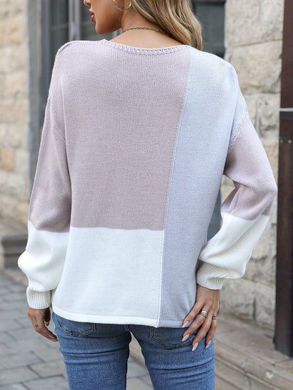 Antmvs Color Block Drop Shoulder Sweater, Casual V-neck Loose Pullover Knitted Top, Women's Clothing