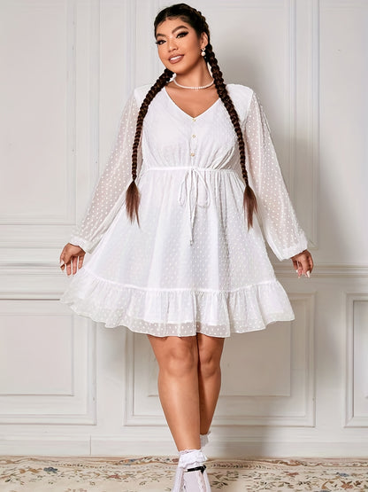 Antmvs Plus Size Romantic Dress, Women's Plus Swiss Dot Mesh Lantern Sleeve V Neck Ruffle Trim Drawstring Mini Dress