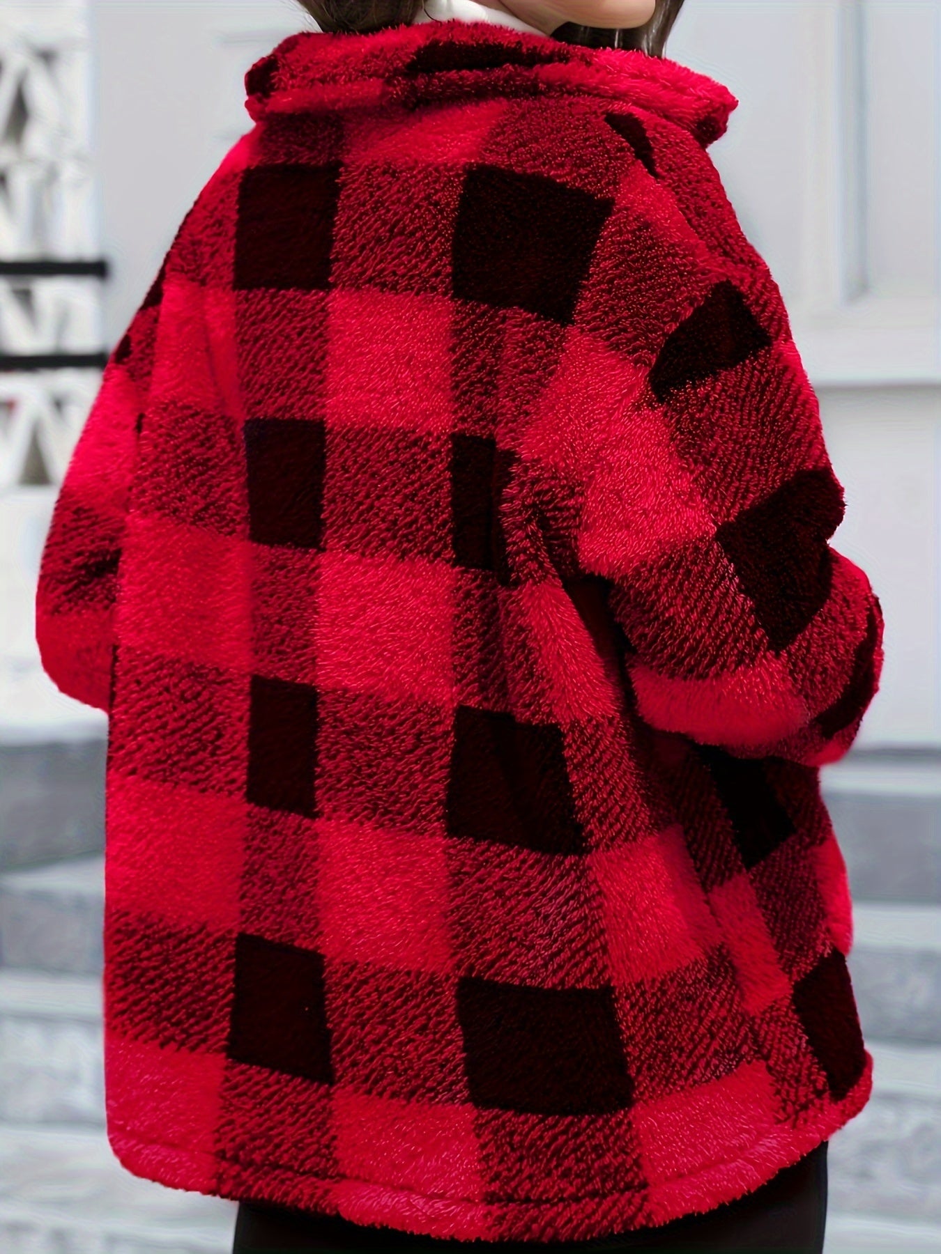 Antmvs Plaid Print Patched Pockets Teddy Coat, Versatile Long Sleeve Single Breasted Winter Outwear, Women's Clothing