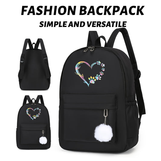 Vibrant Heart-Shaped Paw Print Backpack - Stylish Side Pocket for Bottles & Umbrellas - Perfect for Young Men & Womens Commute, Study, and Outdoor Fun