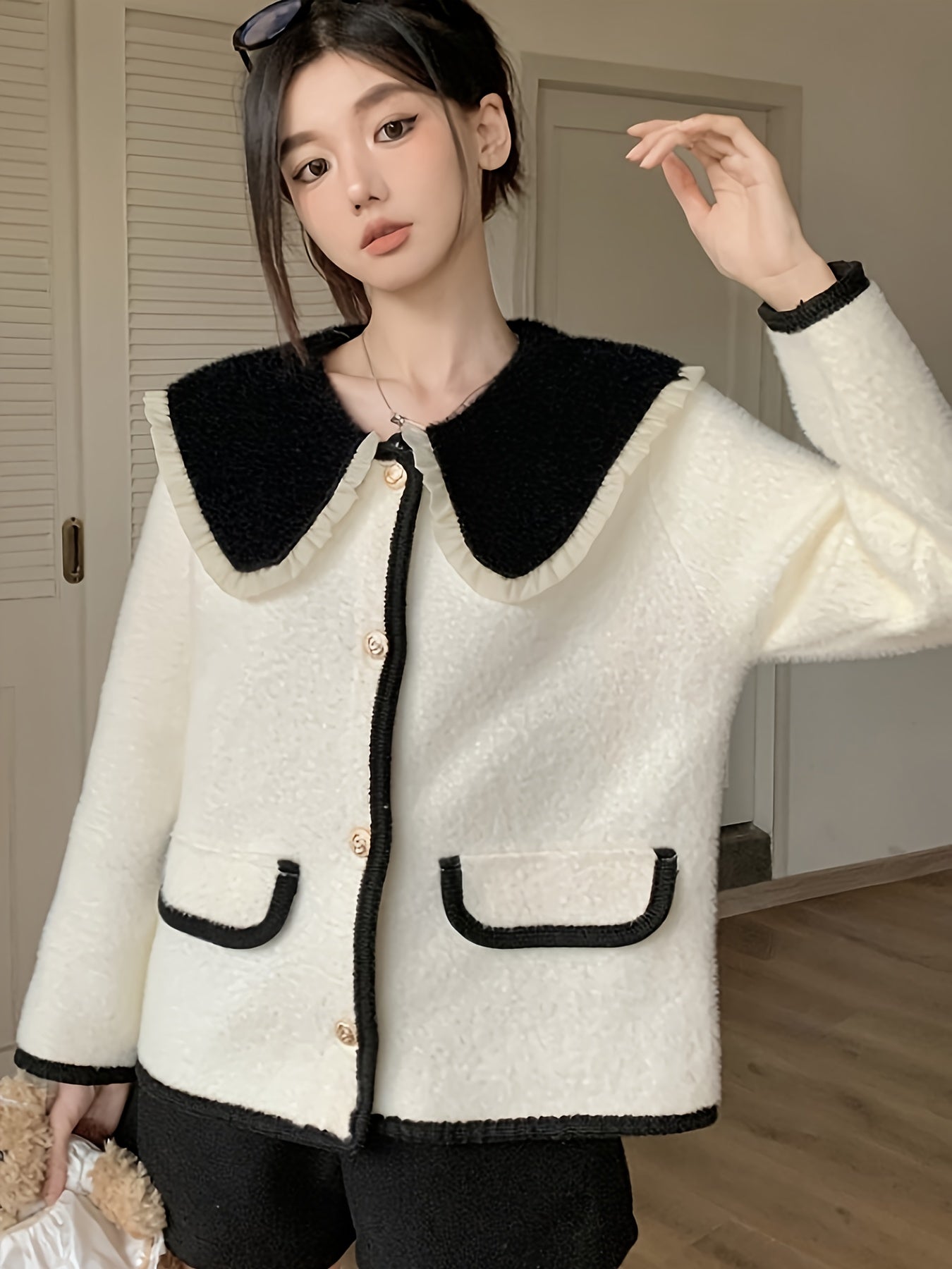 Antmvs Color Block Button Down Knit Cardigan, Elegant Turndown Collar Long Sleeve Sweater With Pocket, Women's Clothing