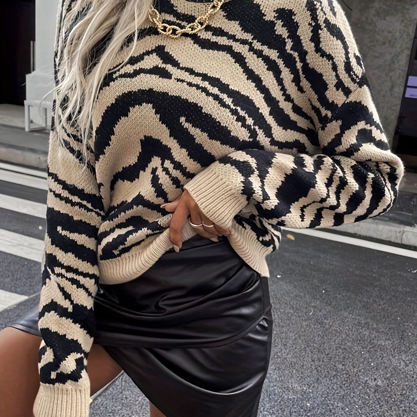 Antmvs Zebra Pattern Mock Neck Pullover Sweater, Casual Long Sleeve Sweater For Fall & Winter, Women's Clothing