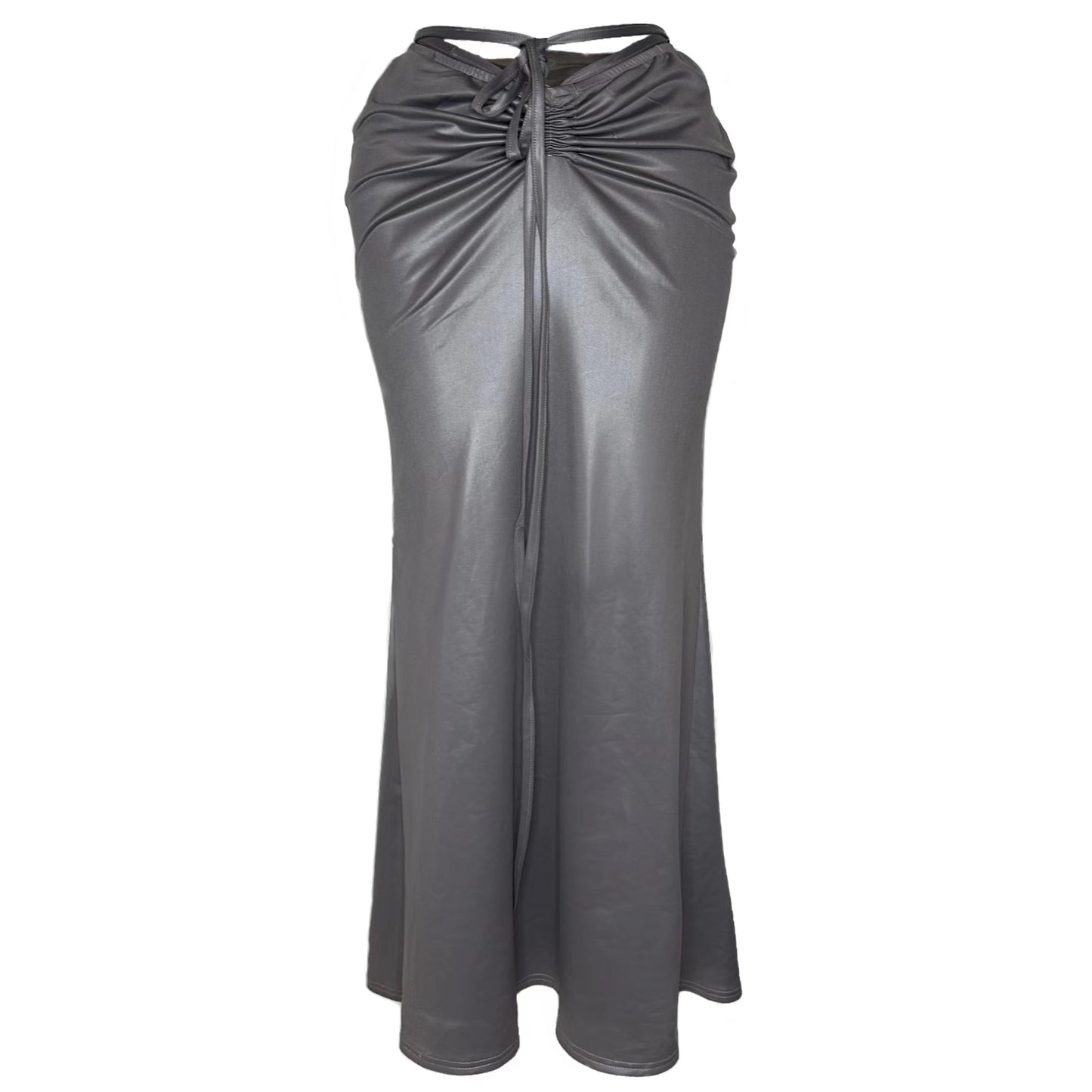 Antmvs SYNEZ Solid Color Metallic Slim Cropped Top + Drawstring Tie Up Fishtail Long Skirt Matching Set