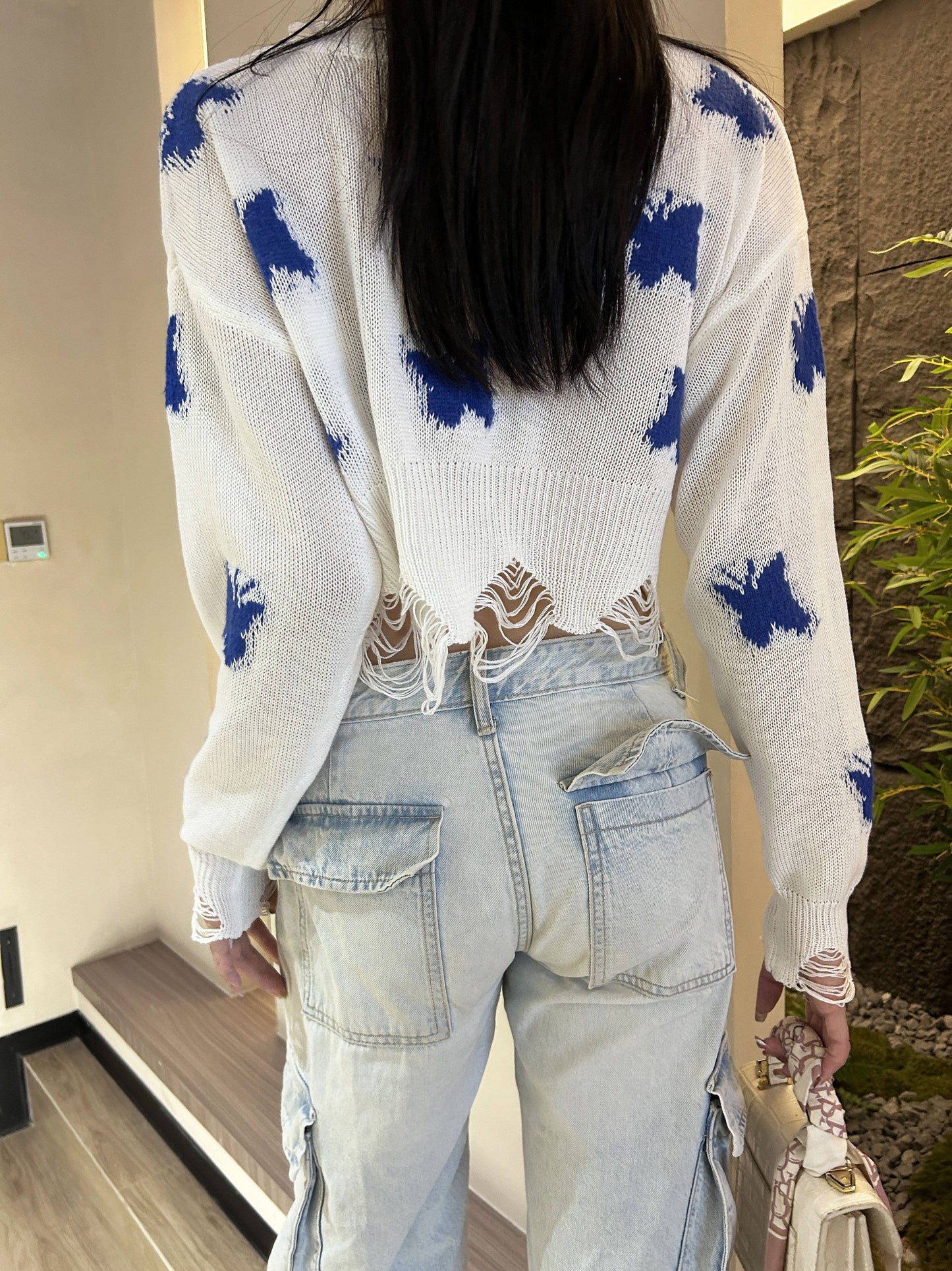 Antmvs Butterfly Pattern Crop Sweater, Casual Y2k Long Sleeve Sweater For Spring & Fall, Women's Clothing