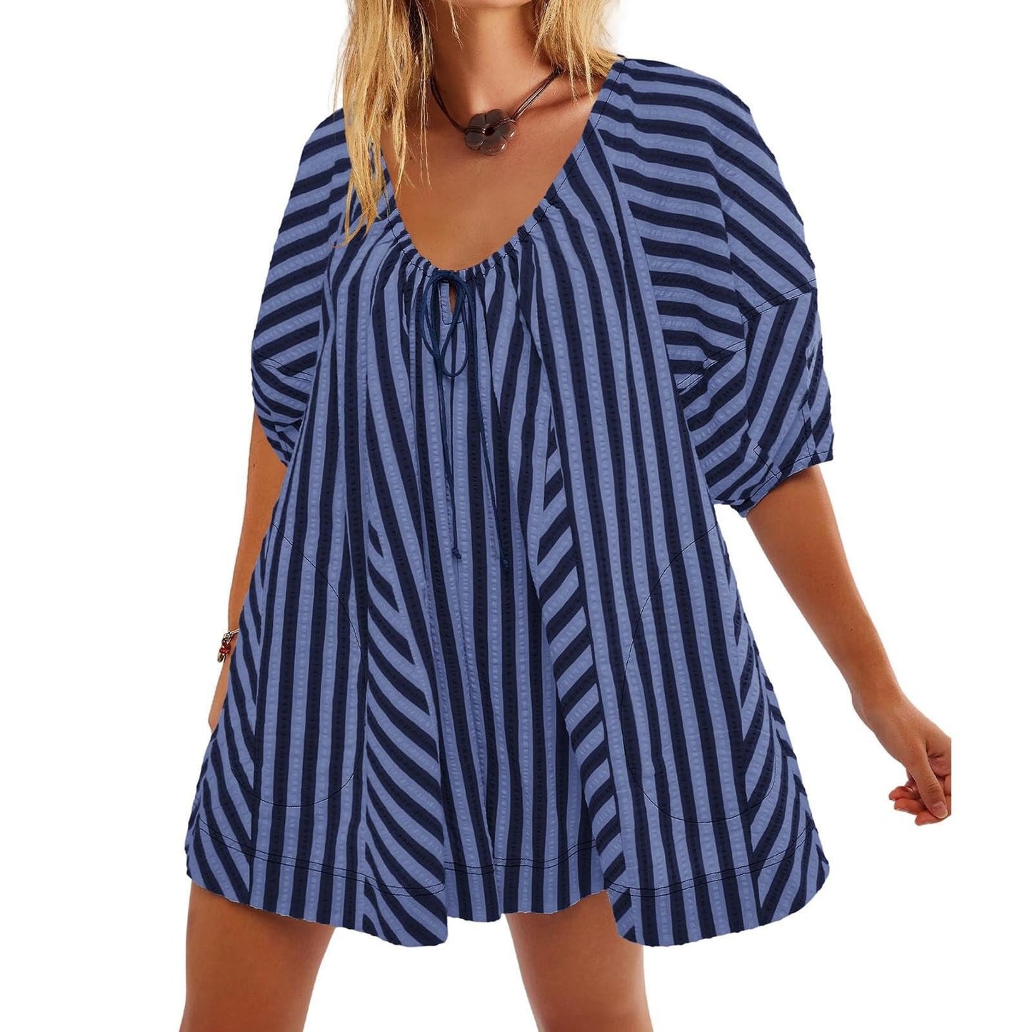 Antmvs -  Womens Striped Romper Casual Loose Puff Sleeve Wide Leg Jumpsuit Overall with Pockets