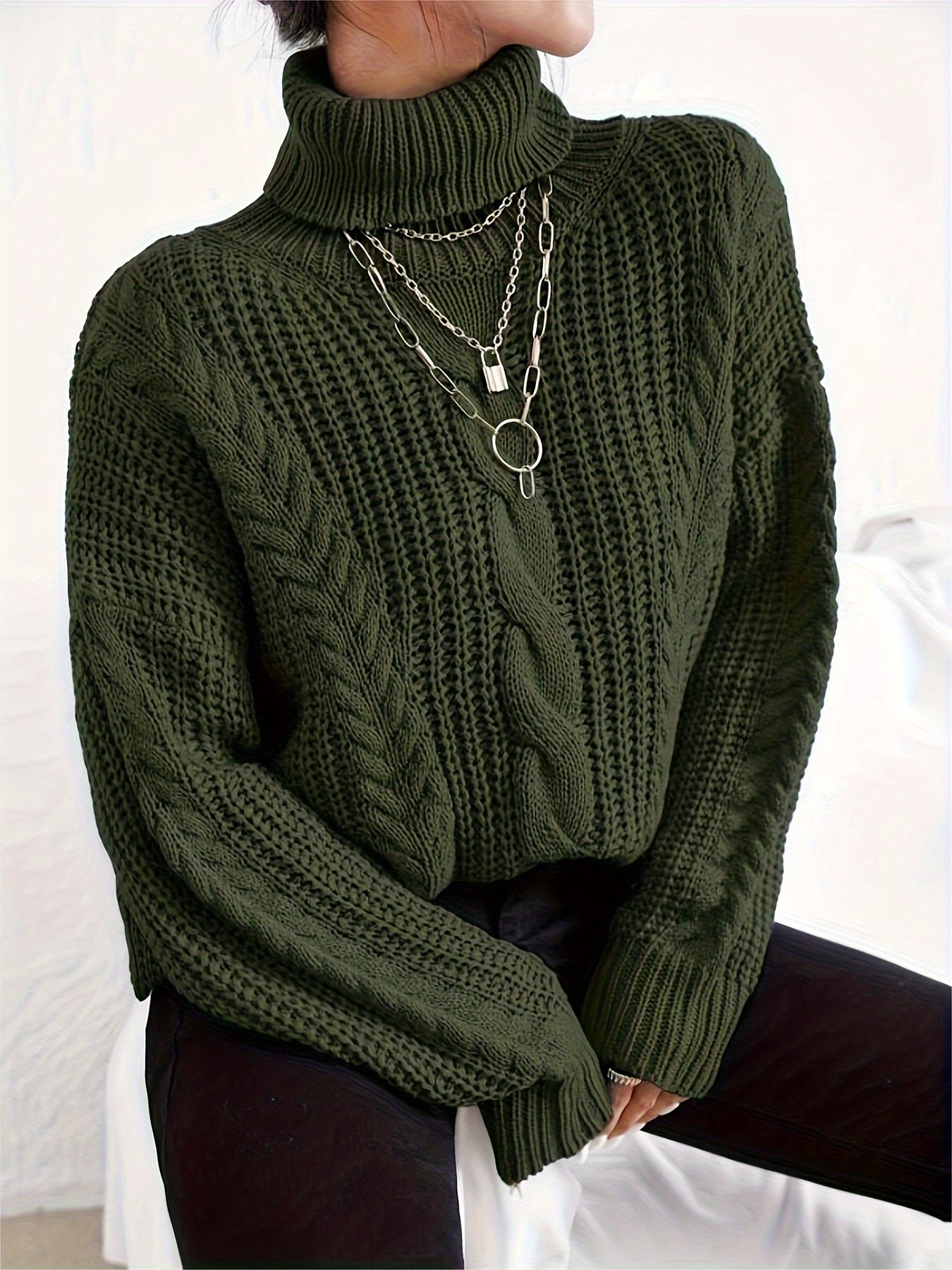 Antmvs Cable Knitted Turtle Neck Sweater, Casual Long Sleeve Sweater For Fall & Winter, Women's Clothing