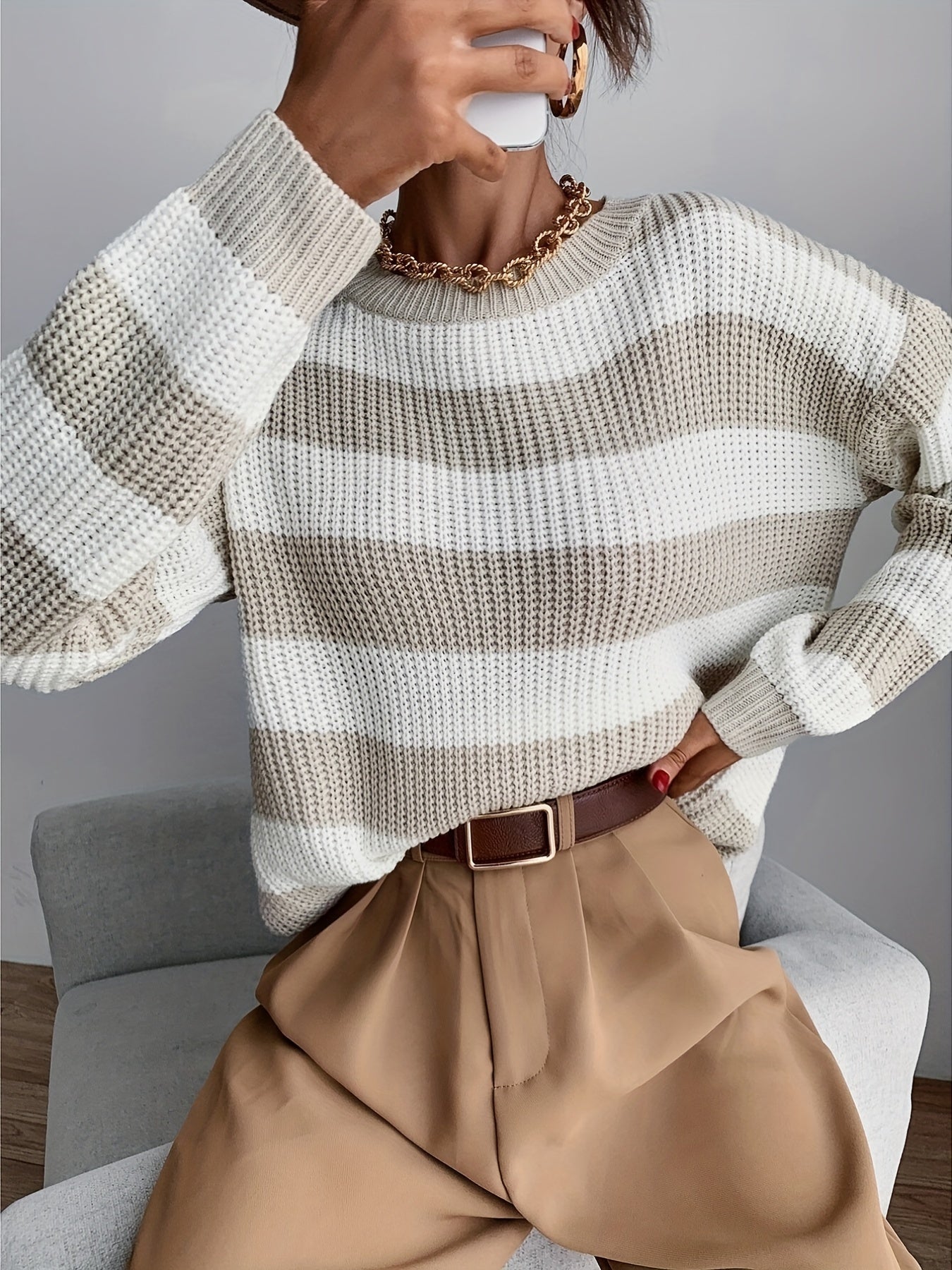 Antmvs Color Block Drop Shoulder Sweater, Casual Long Sleeve Sweater For Fall & Winter, Women's Clothing