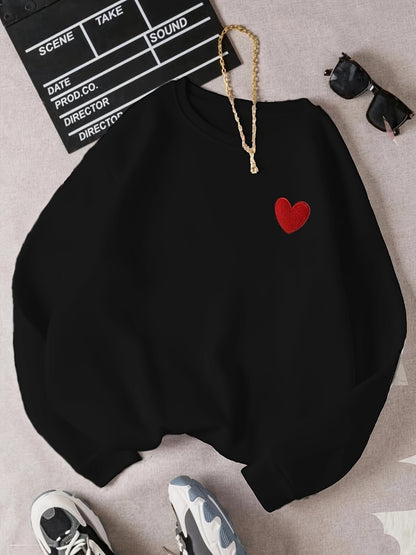 Antmvs Heart Pattern Pullover Sweatshirt, Casual Long Sleeve Crew Neck Sweatshirt For Fall & Winter, Women's Clothing