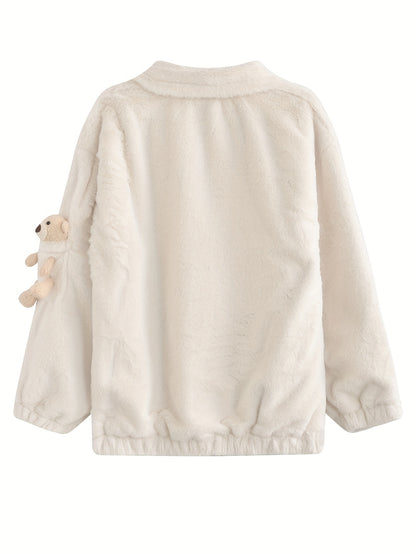 Antmvs Teddy Decor Zip Front Plush Coat, Long Sleeve Slant Pockets Outerwear For Fall & Winter, Women's Clothing