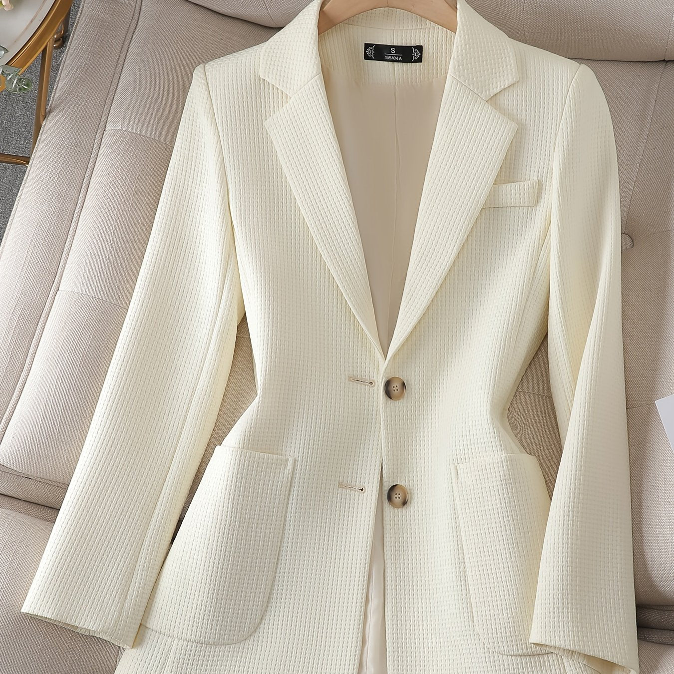 Antmvs Solid Button Front Tunic Blazer, Elegant Lapel Long Notched Neck Sleeve Blazer For Office & Work, Women's Clothing