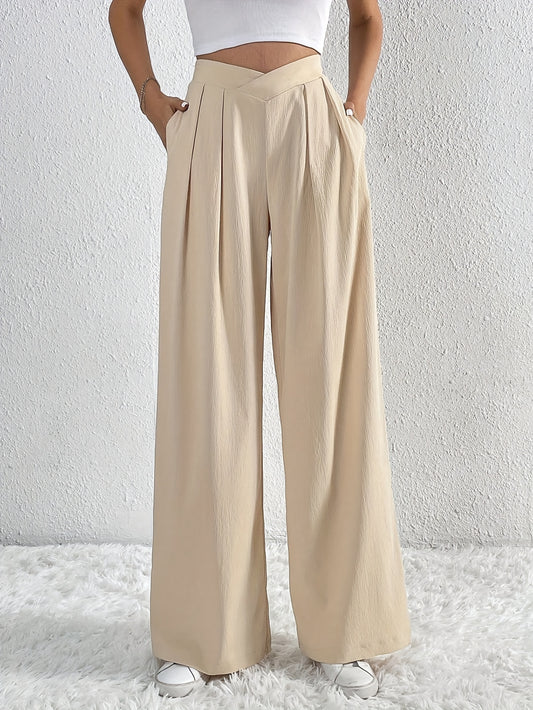 Antmvs Solid High Waist Pants, Casual Wide Leg Pants, Women's Clothing