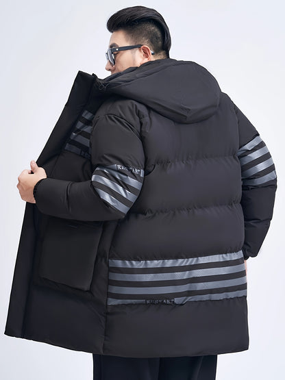 Plus Size Men's Stripes Print Puffer Jacket With Hood Thick Warm Midi Jacket Windbreaker For Fall Winter, Men's Clothing