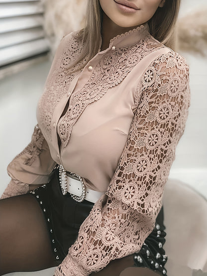 Antmvs  Women's Blouse Lace Crochet Lapel Button Flare Sleeve Elegant Top Blouse