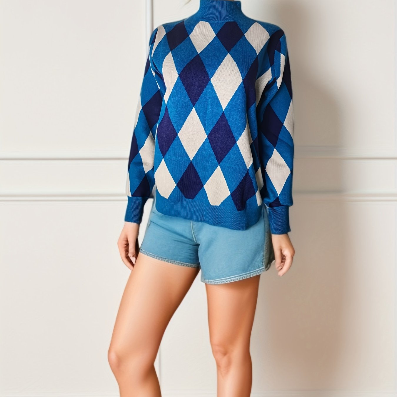 Antmvs Argyle Pattern Turtle Neck Pullover Sweater, Casual Long Sleeve Sweater, Women's Clothing
