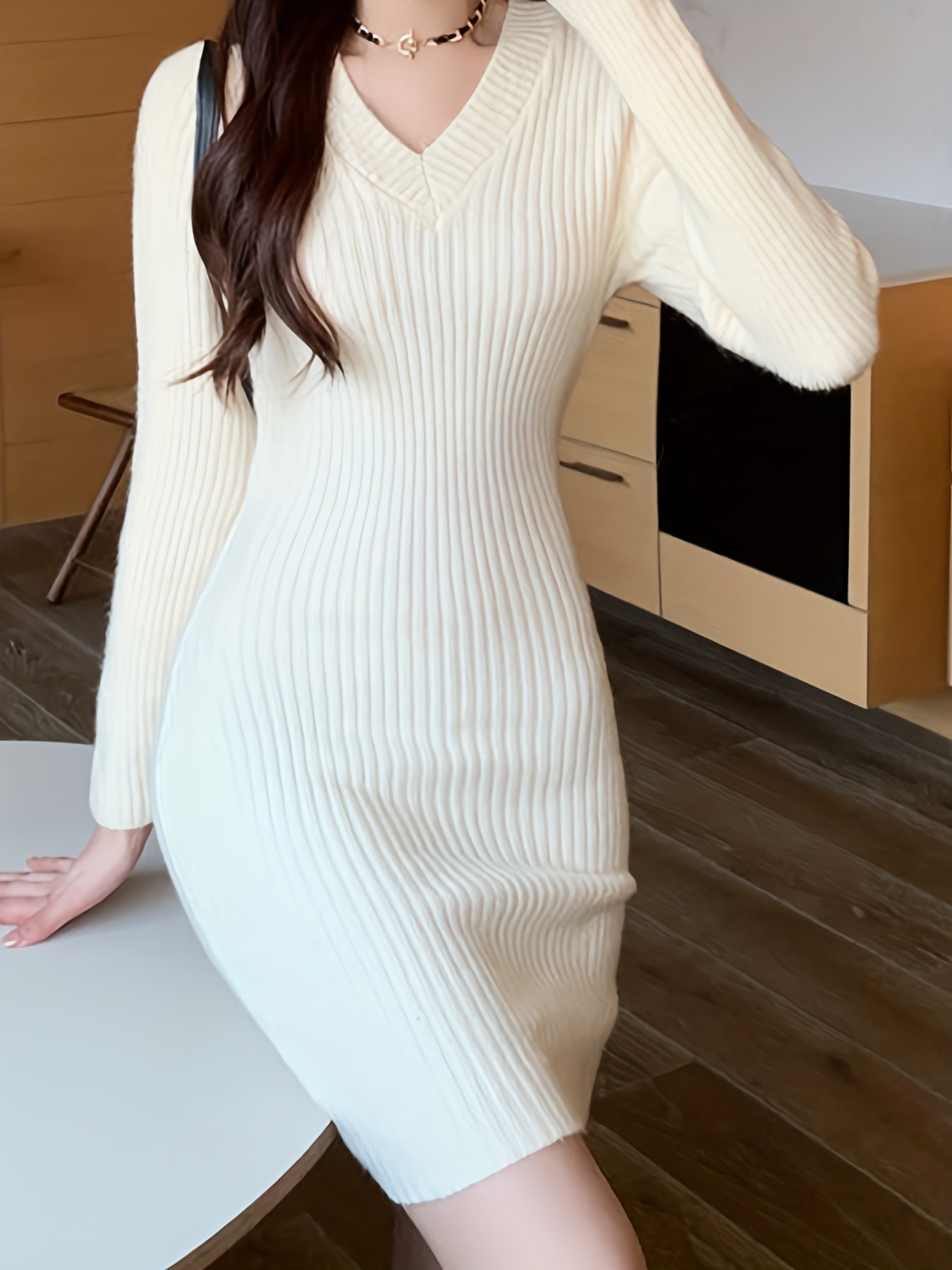 Antmvs Solid Knit Sweater Dress, Elegant V Neck Long Sleeve Bodycon Dress For Fall & Winter, Women's Clothing