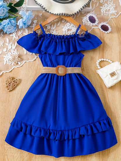 Charming Girls Solid Ruffle Trim Dress - Fashionable Belted Waist for Summer Parties & Holidays - Premium Quality, Comfortable, Ideal Gift