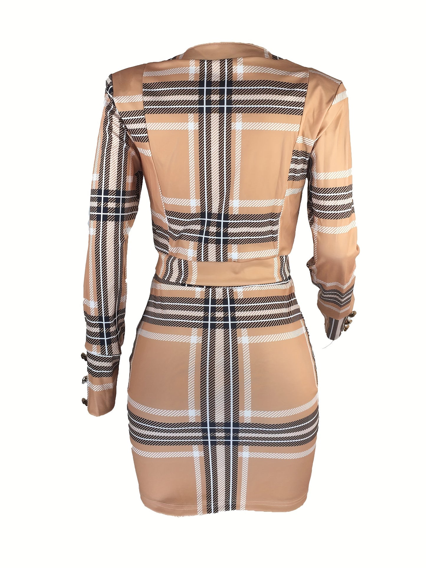 Antmvs Houndstooth Print Elegant Two-piece Set, Button Front Long Sleeve Tops & Bag Hip Mini Skirts Outfits, Women's Clothing