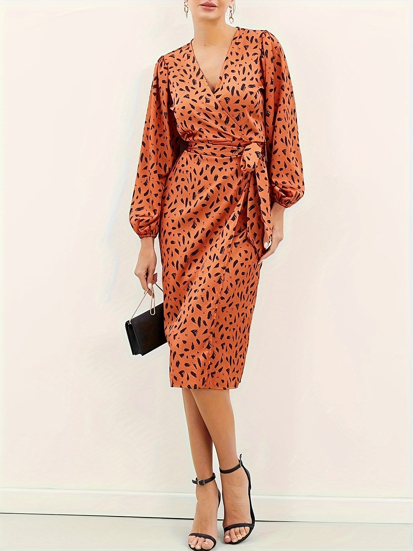 Antmvs Allover Print Wrap Dress, Casual Long Sleeve V Neck Midi Dress, Women's Clothing