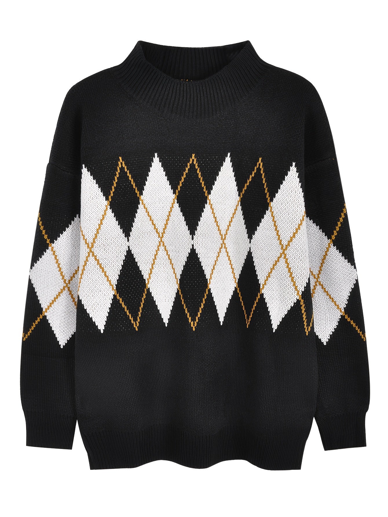 Antmvs Argyle Pattern Knit Sweater, Casual Long Sleeve Pullover Sweater, Women's Clothing