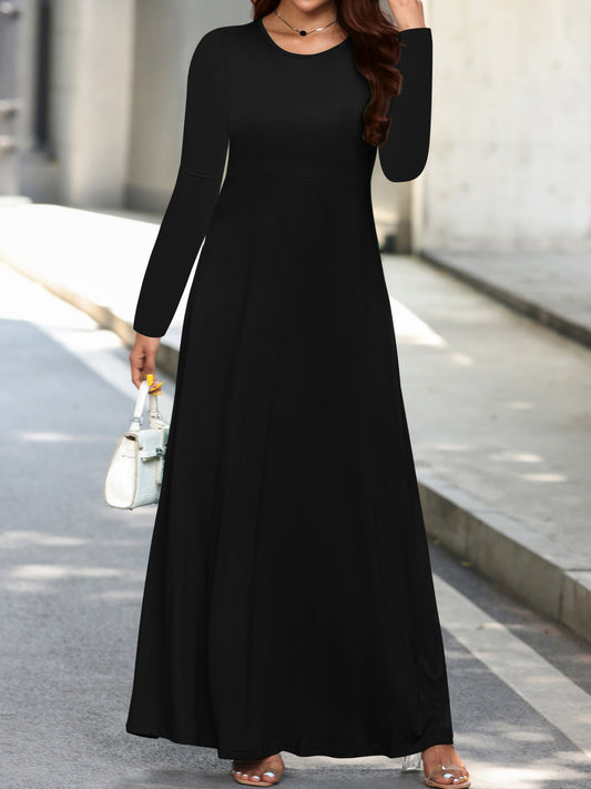 Antmvs Plus Size Casual Dress, Women's Plus Solid Long Sleeve Round Neck High Stretch Maxi Dress