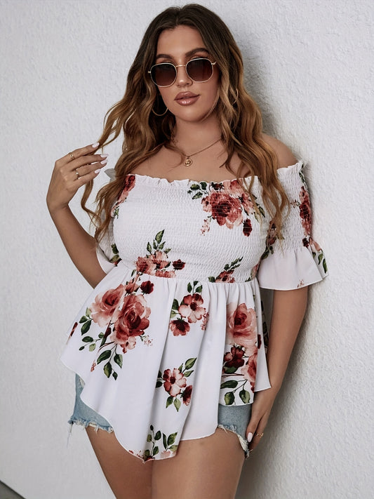 Antmvs Plus Size Boho Top, Women's Plus Floral Print Off Shoulder Shirred Bandana Hem Peplum Top