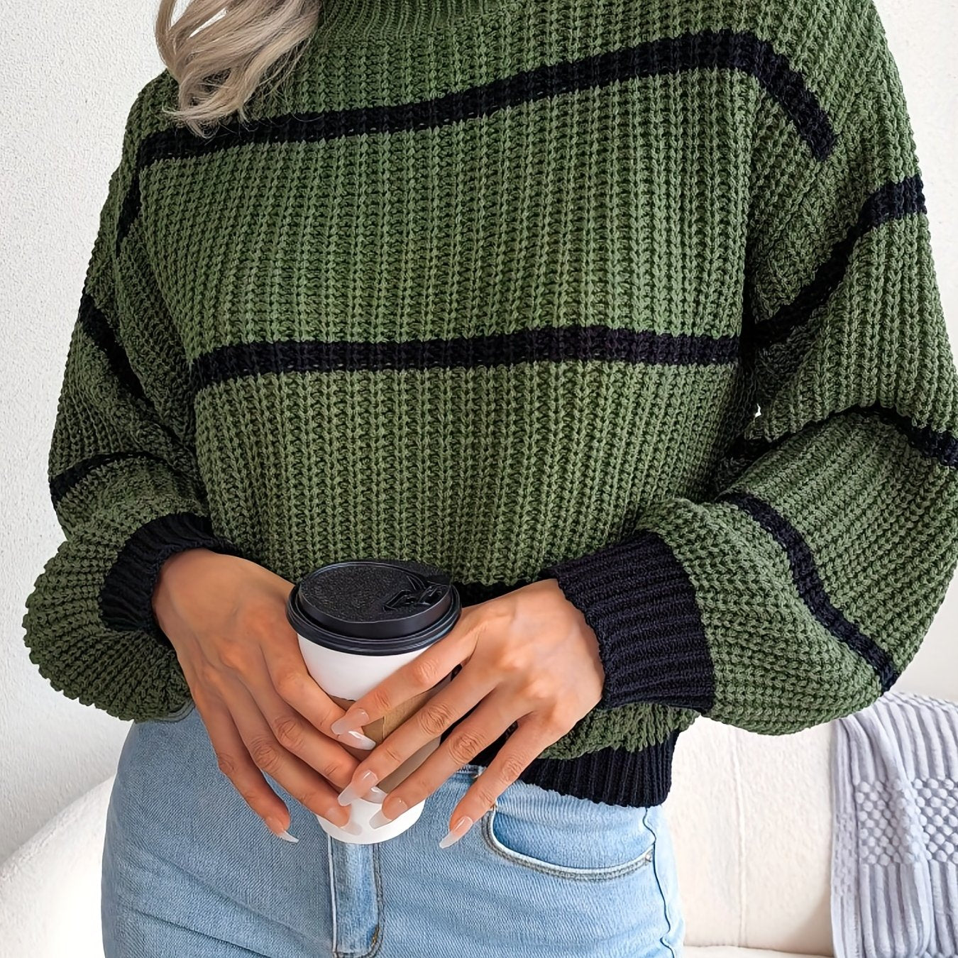 Antmvs Striped Color Block Crew Neck Sweater, Casual Long Sleeve Loose Fall Winter Knit Sweater, Women's Clothing