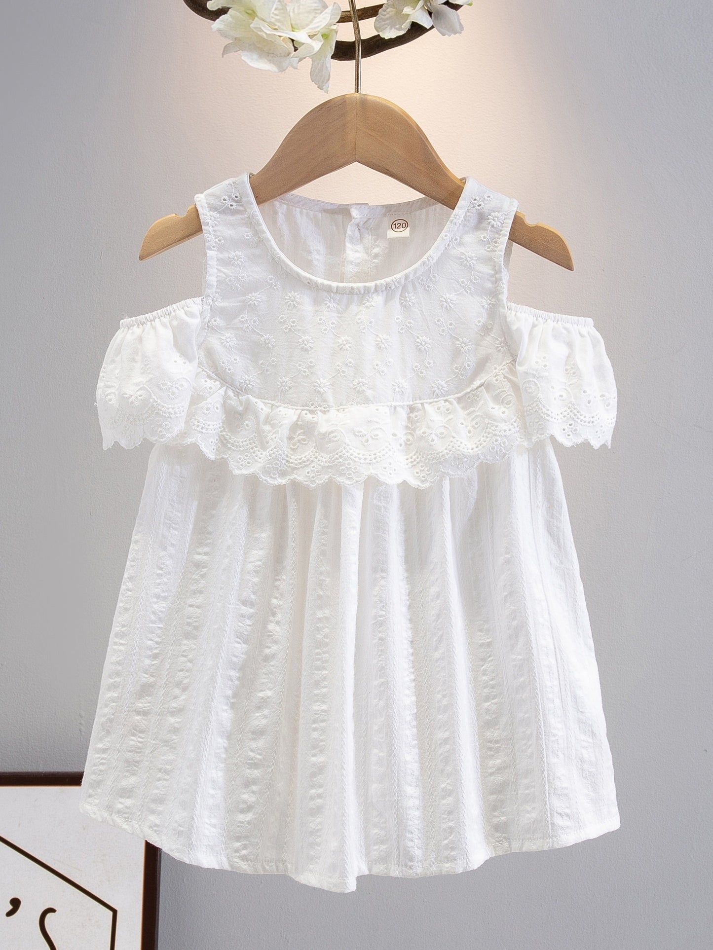 Girls' 100% Cotton Embroidered Summer Dress Shirt, Cute Baby Off-Shoulder Fashion Top With Lace Details, Toddler Kindergarten Outfit - White