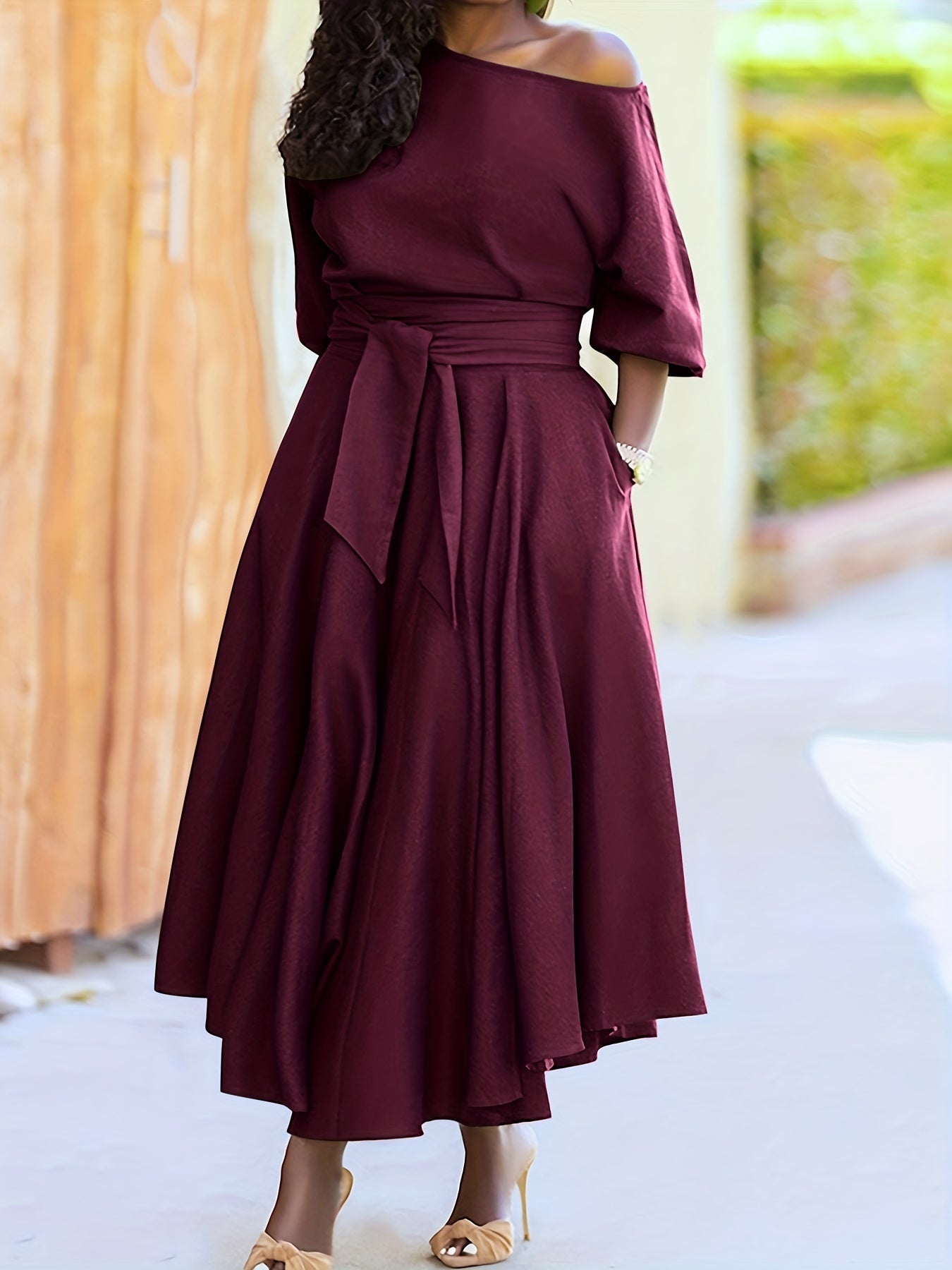Antmvs Plus Size Casual Dress, Women's Plus Solid Bubble Sleeve One Shoulder Maxi A-line Dress With Belt