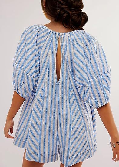 Antmvs -  Womens Striped Romper Casual Loose Puff Sleeve Wide Leg Jumpsuit Overall with Pockets