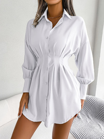 Antmvs V-neck Loose Lapel Long Blouses, Casual Button Down Lantern Long Sleeve Fashion Long Shirts Tops, Women's Clothing