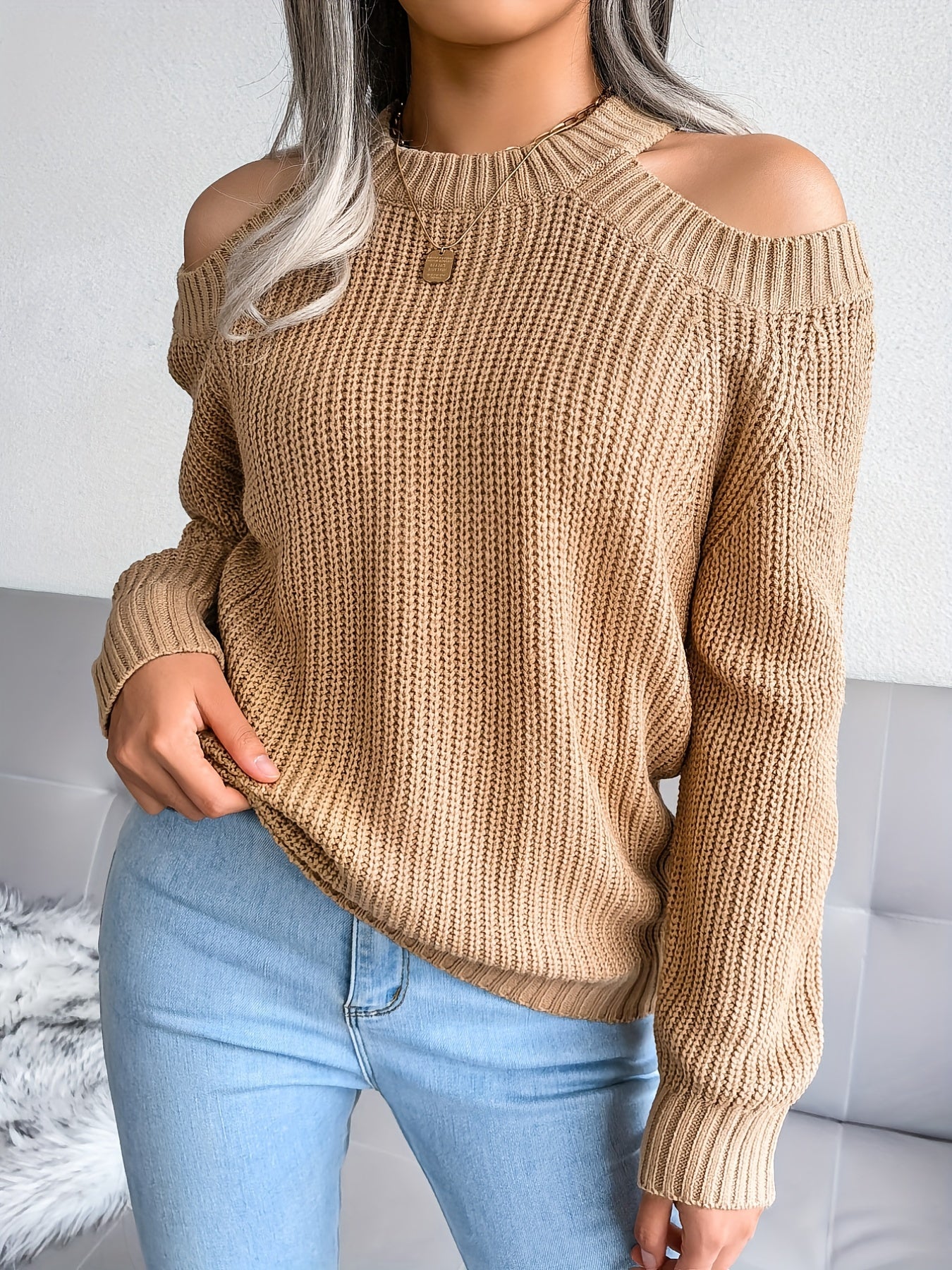 Antmvs Solid Color Crew Neck Cold Shoulder Knitted Tops, Casual Everyday Pullover Sweaters, Women's Clothing