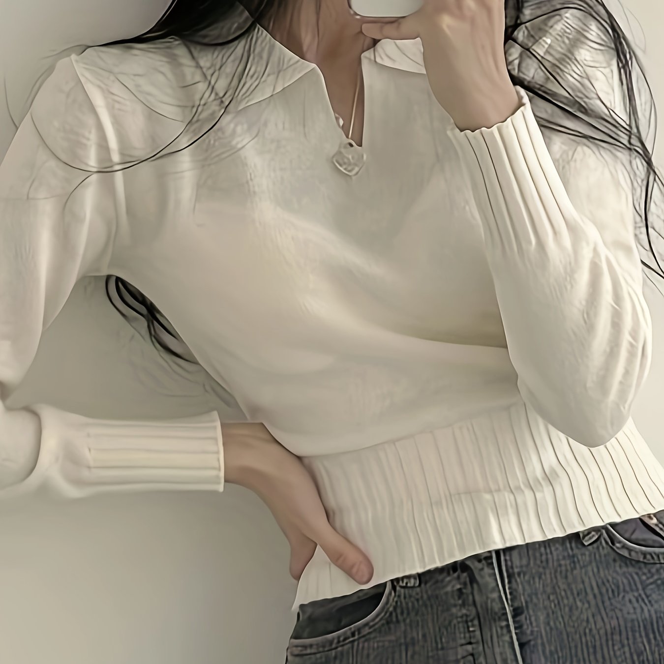 Antmvs Solid Notched  Collar Pullover Sweater, Casual Long Sleeve Crop Sweater For Spring & Fall, Women's Clothing