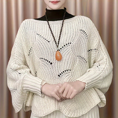 Antmvs Knitted Hollow Out Pullover Poncho Solid Color Batwing Loose Shawl Women's Stylish Round Neck Outerwear Smock