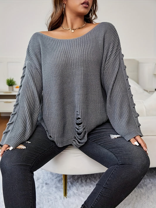 Antmvs Plus Size Casual Sweater, Women's Plus Solid Jacquard Ripped Boat Neck Pull Over Sweater