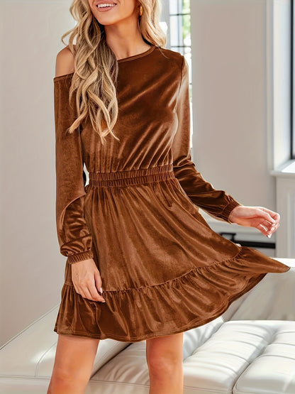 Antmvs Solid Velvet One-shoulder Dress, Casual Long Sleeve Cinched Waist Ruffle Hem Dress For Spring & Fall, Women's Clothing