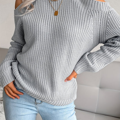 Antmvs Solid Color Crew Neck Cold Shoulder Knitted Tops, Casual Everyday Pullover Sweaters, Women's Clothing