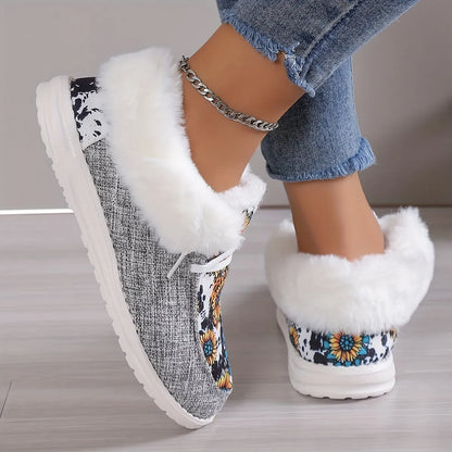 Women Plush Lined Snow Boots Sunflower Print Cozy Slip On Fuzzy Canvas Shoes Thermal Ankle Boots